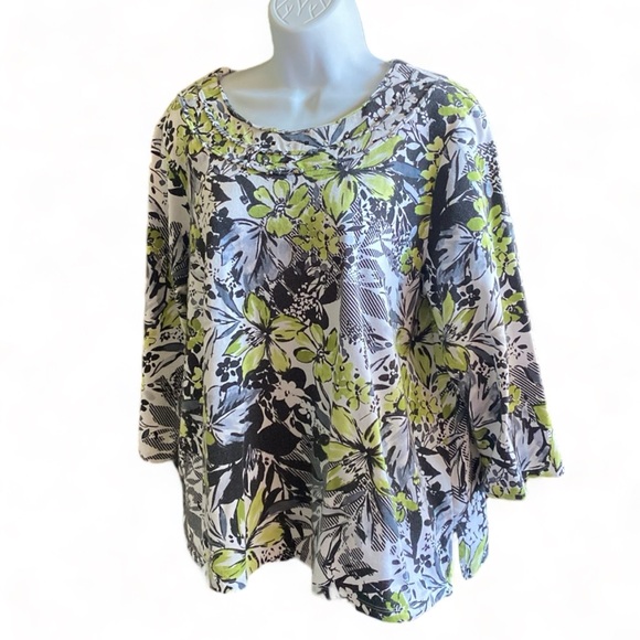 ALFRED DUNNER Blouse Floral Print 3/4 Sleeve Embellished Top - Picture 2 of 9